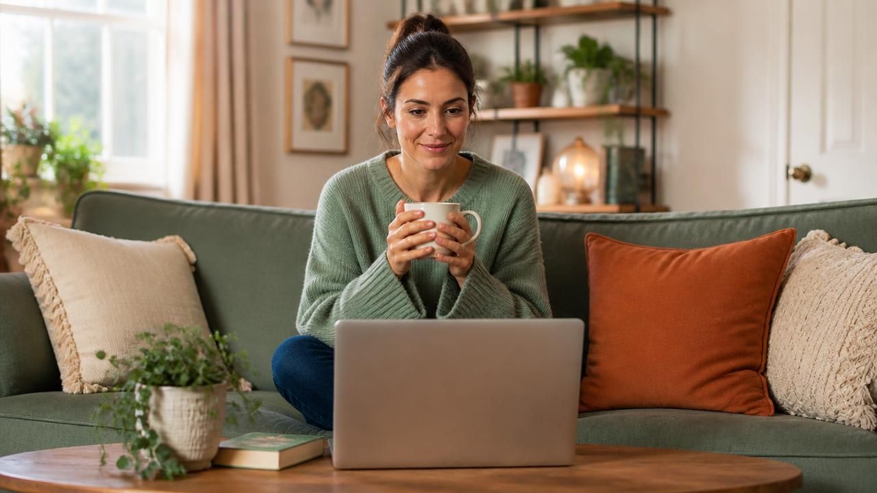 A woman having a supportive online therapy session from home