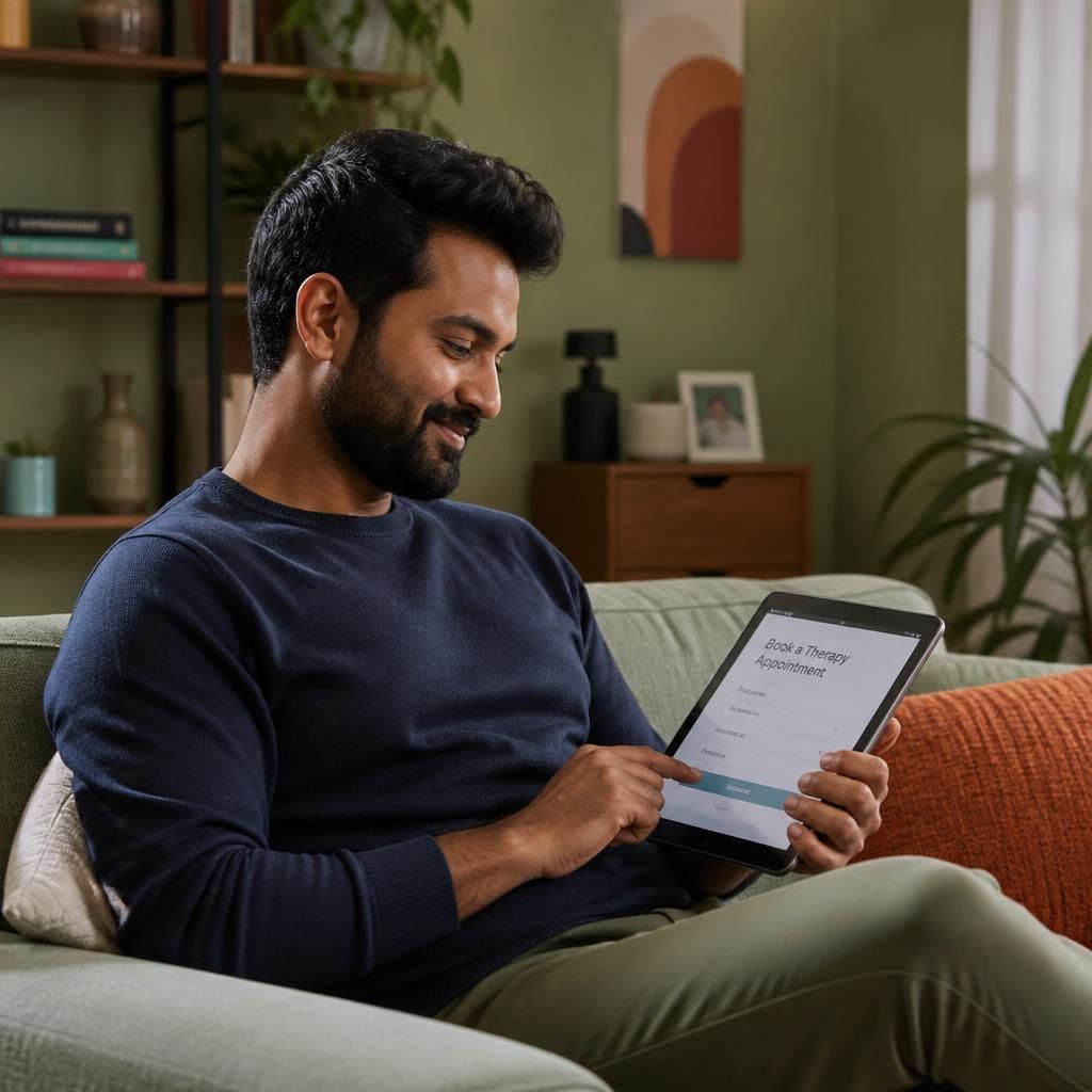 Person booking an online therapy appointment on a phone