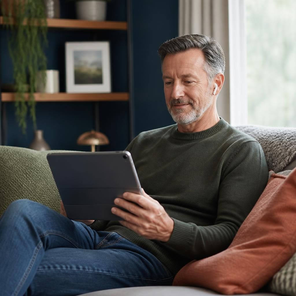 Man in his fifties in an online therapy session on a tablet