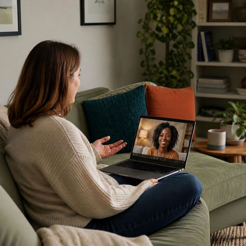 Woman having an online CBT session from her living room