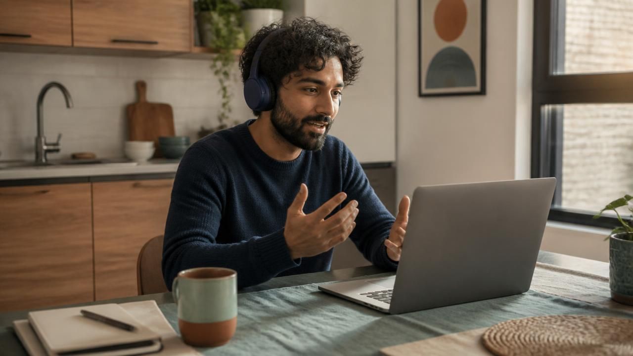 A man having an online CBT session on his laptop at his kitchen table