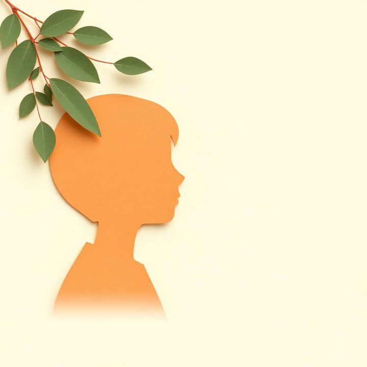 Layered paper illustration of a young person's profile beside leaves, representing online therapy for children and teenagers