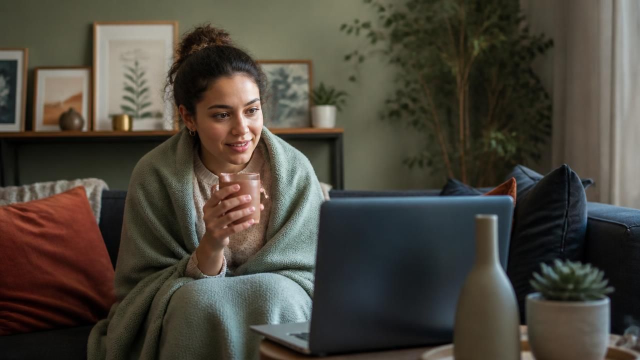 A young woman at home smiling during her first online CBT session